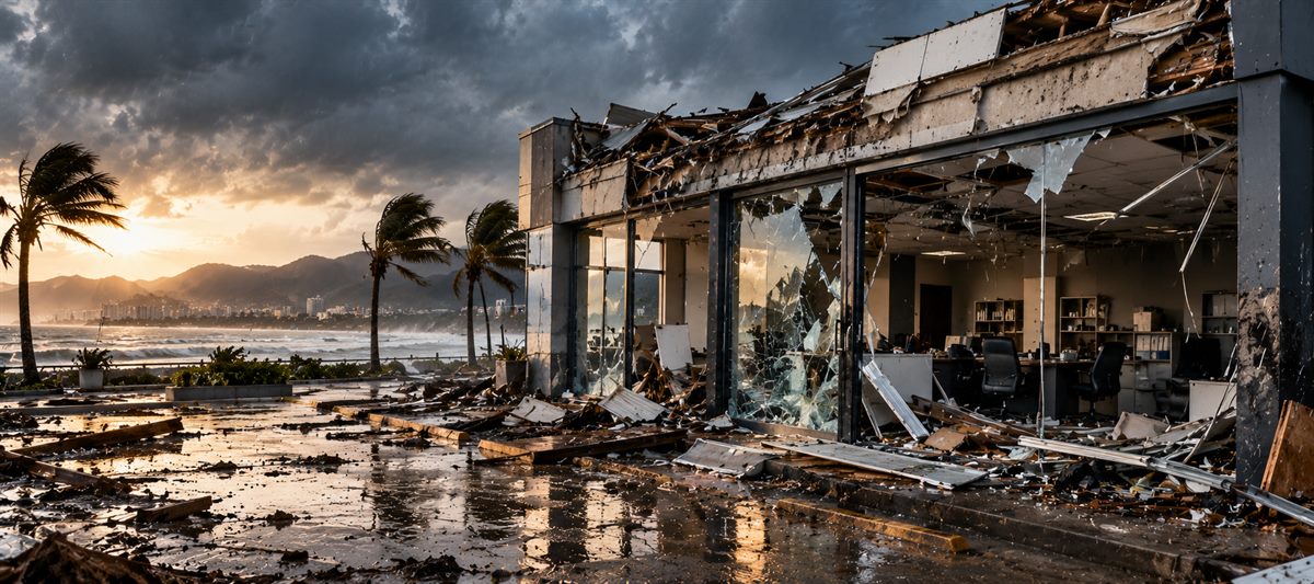 Prédio comercial destruído após temporal no litoral, com vidros quebrados e destroços na calçada